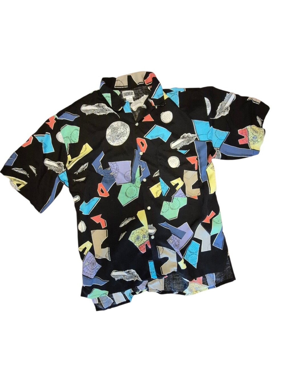 Vintage 80s UnionBay Geo Print Button-Up Shirt in Black with Multi Colors M